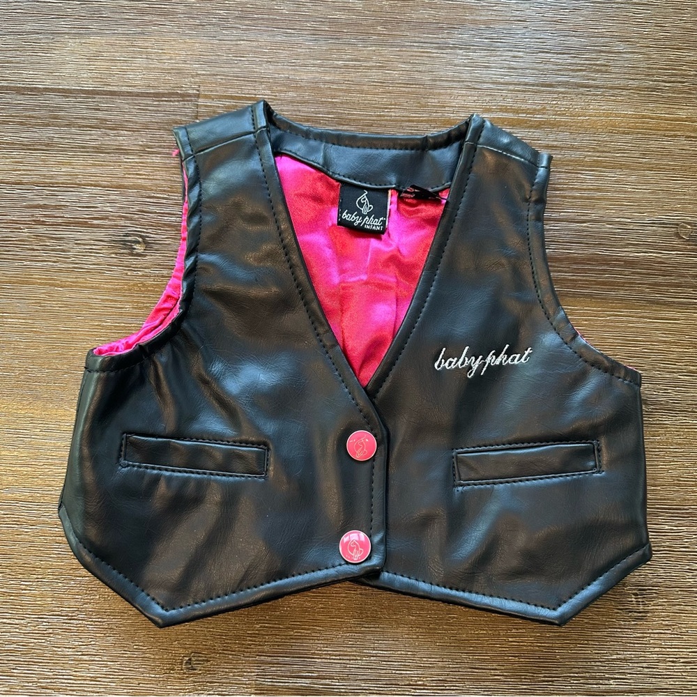 Baby Phat Baby Toddler Black Faux Leather Vest with Pink Details size 18 months